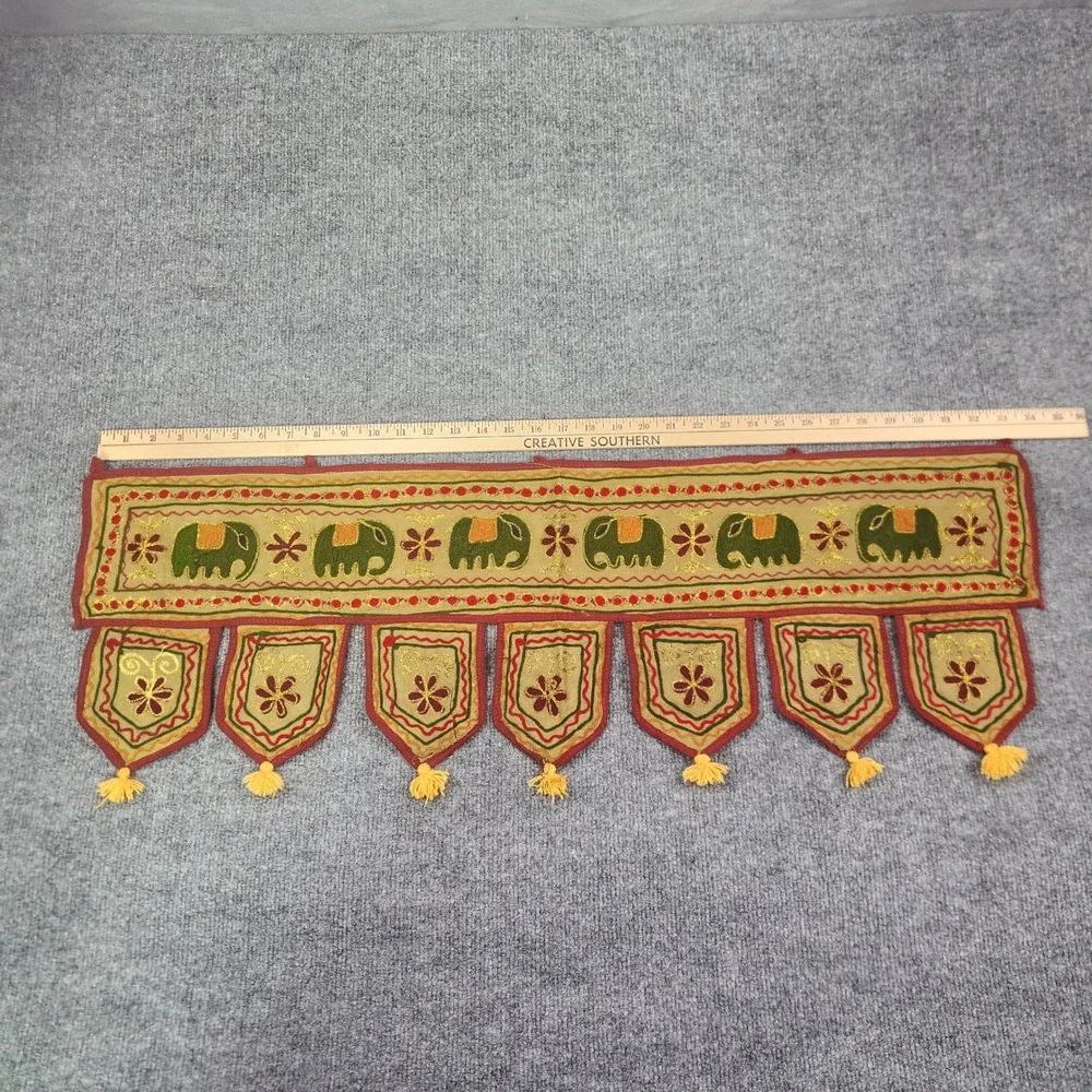 Indian Toran Door Hanging Embroidered Green Elephant Tassel Wall Decor 34x11